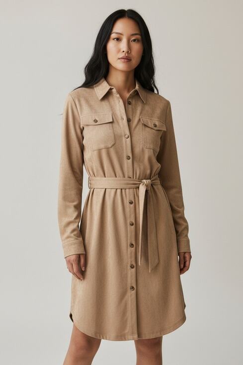 Calvin Klein Dresses & Skirts - NWT Calvin Klein Shirt Dress Womens 12 Tan Beige Faux Suede Button Front Belted